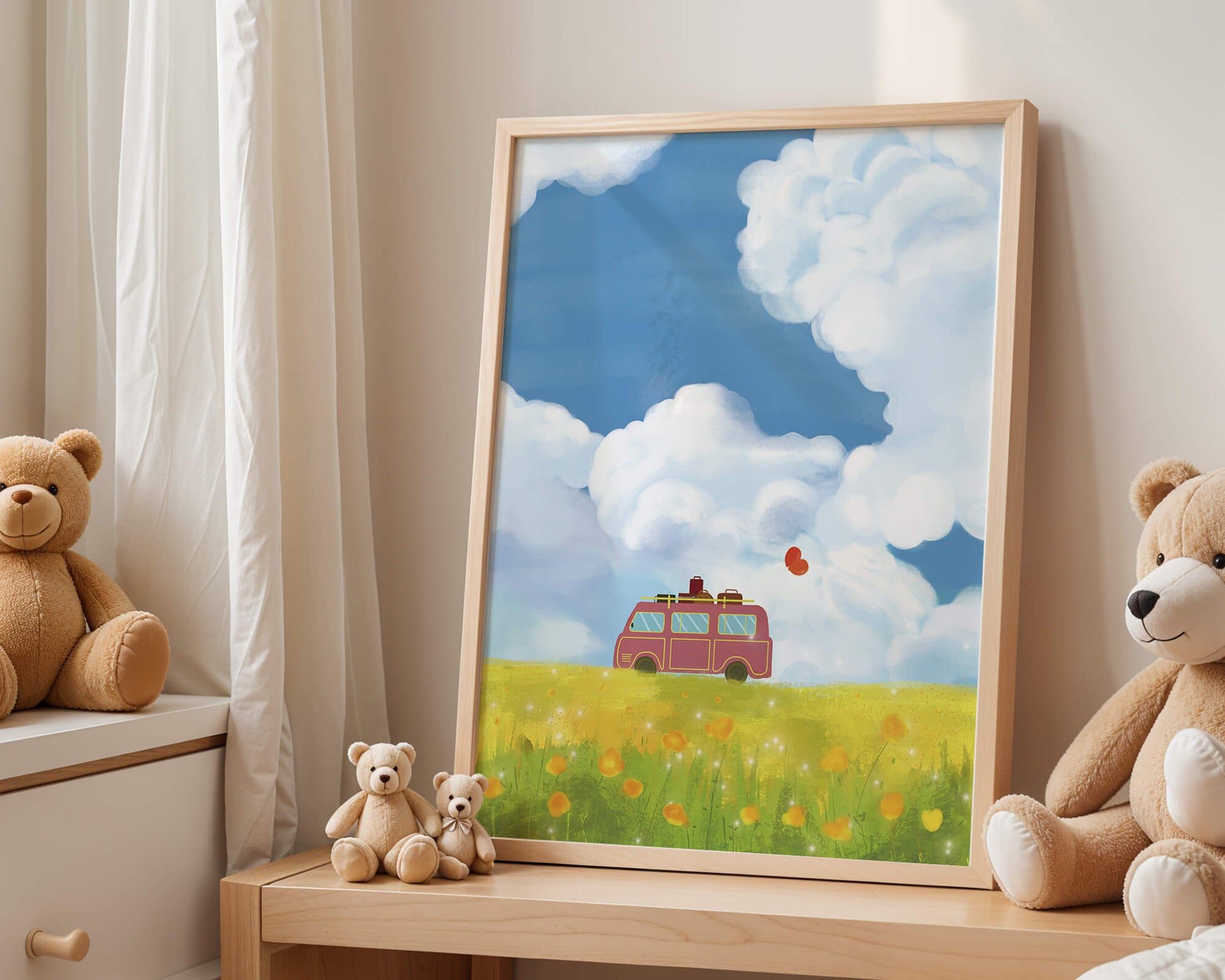 Colorful Van in a Vibrant Field with Balloons and Luggage