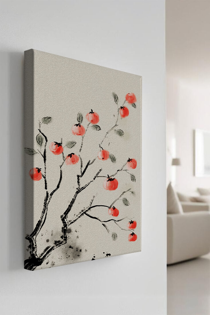 Elegant botanical illustration with vibrant red fruit on branches