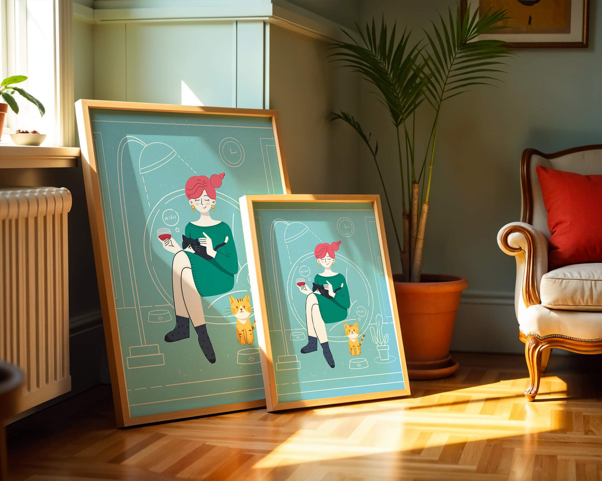 Acogedora velada con gatos en una sala de estar escandinava