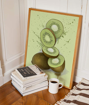 Watercolor illustration of sliced kiwi fruit with splashes