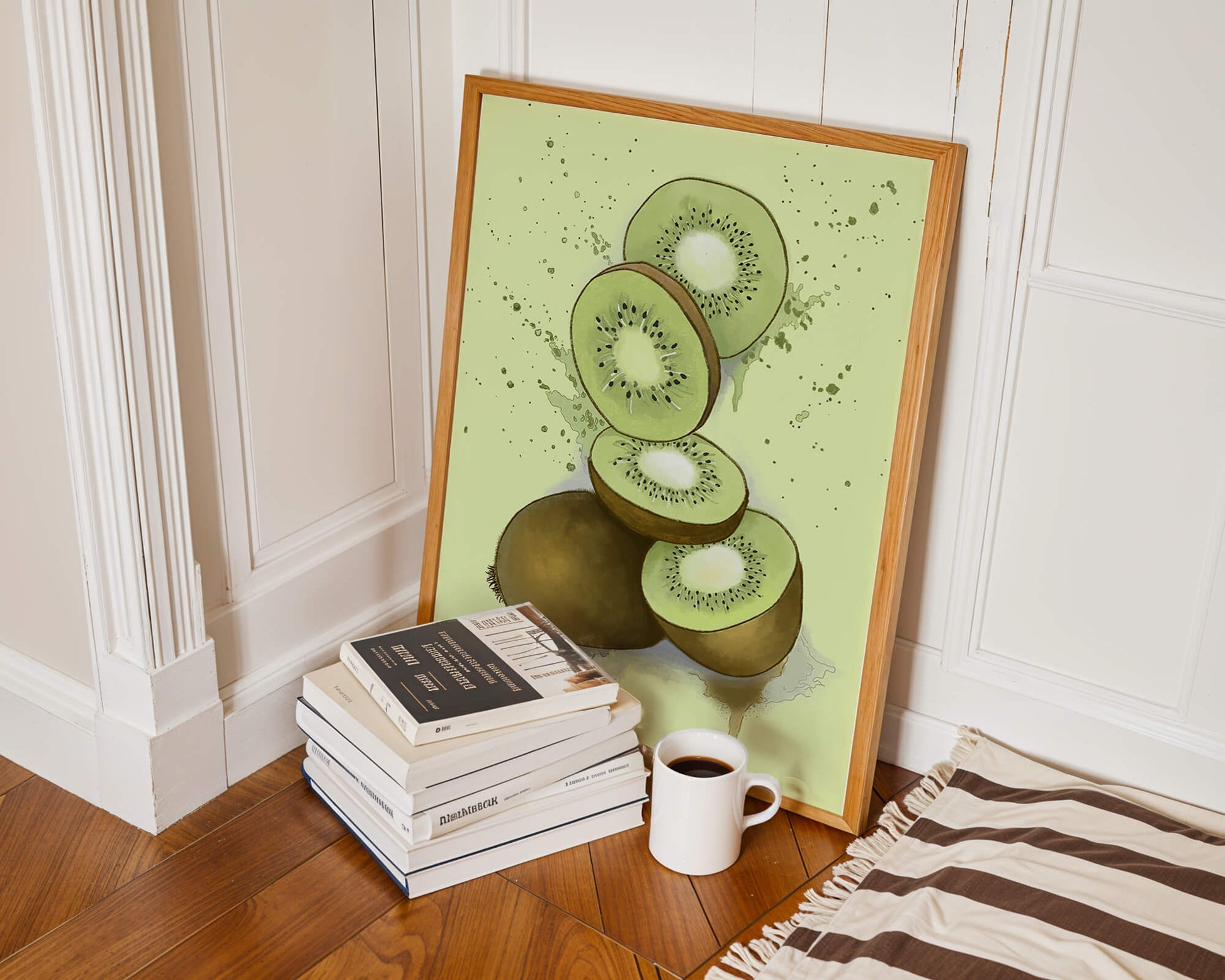 Watercolor illustration of sliced kiwi fruit with splashes