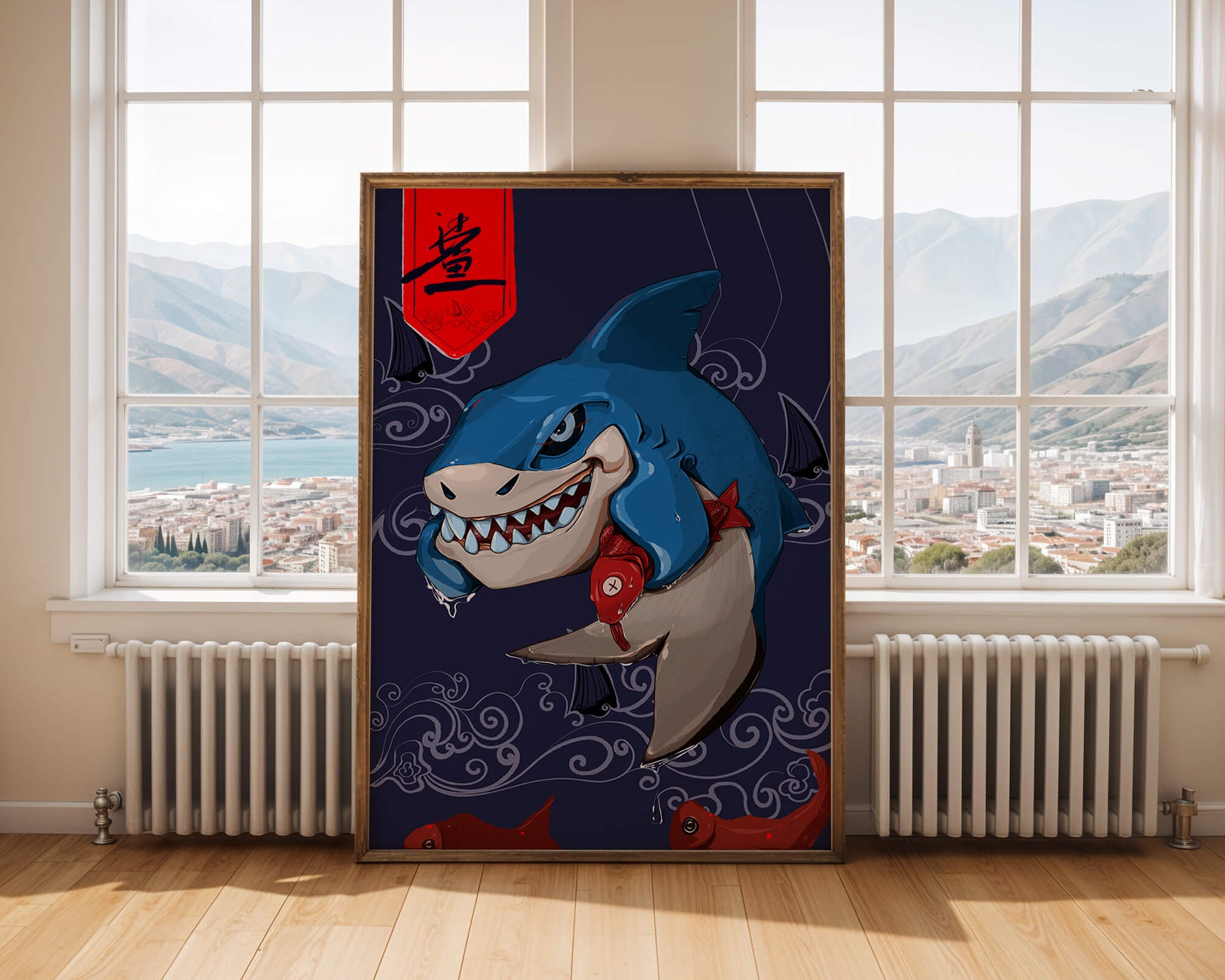 Playful illustration of a cartoon shark with nautical elements