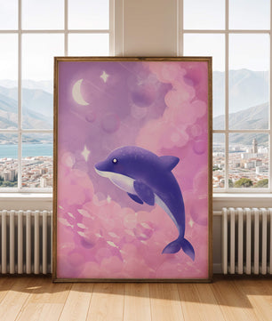 Dreamlike underwater scene with dolphin and moonlit sky