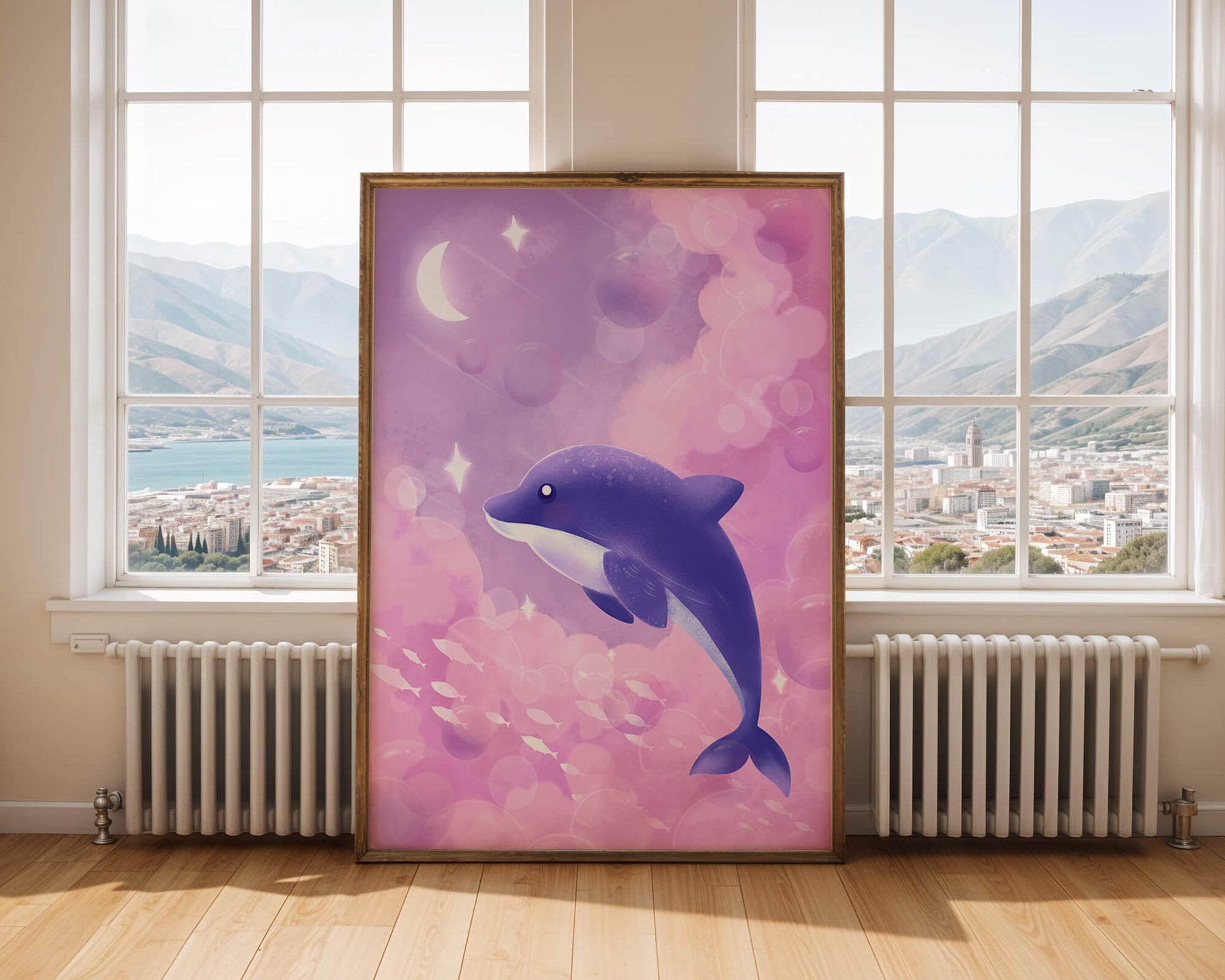 Dreamlike underwater scene with dolphin and moonlit sky