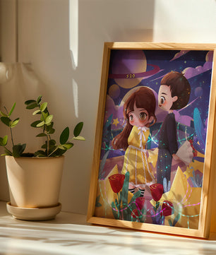 Ilustración de pareja romántica con estrellas y rosas en un entorno nocturno mágico