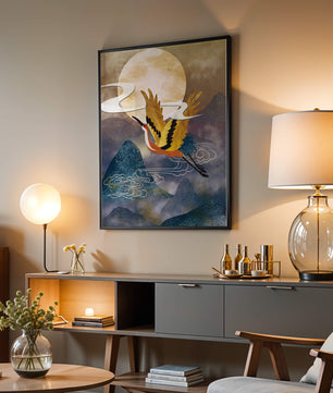 Majestic Gold-Crimson Crane Flying Over Misty Mountains in Moonlight