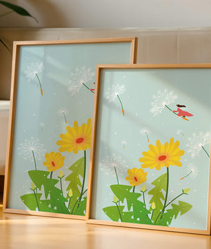 Whimsical illustration of a girl flying with dandelions in a colorful floral scene