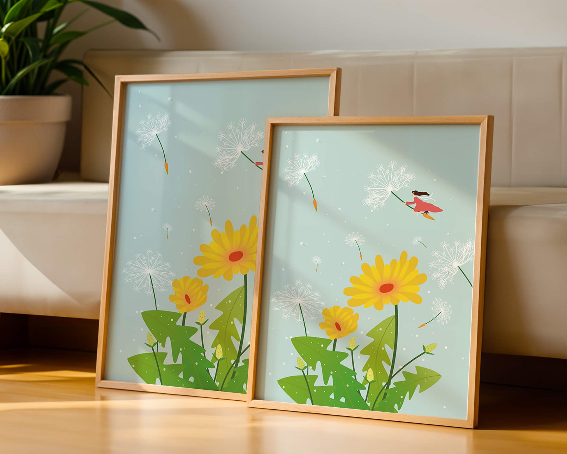 Whimsical illustration of a girl flying with dandelions in a colorful floral scene