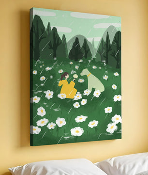Woman and Dog in a Serene Rainy Meadow with Flowers