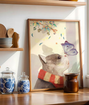 Cat Staring at Butterfly with Floral Elements - Mi tienda