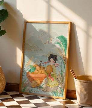 Paisaje sereno con una chica y una cesta de naranjas junto al agua