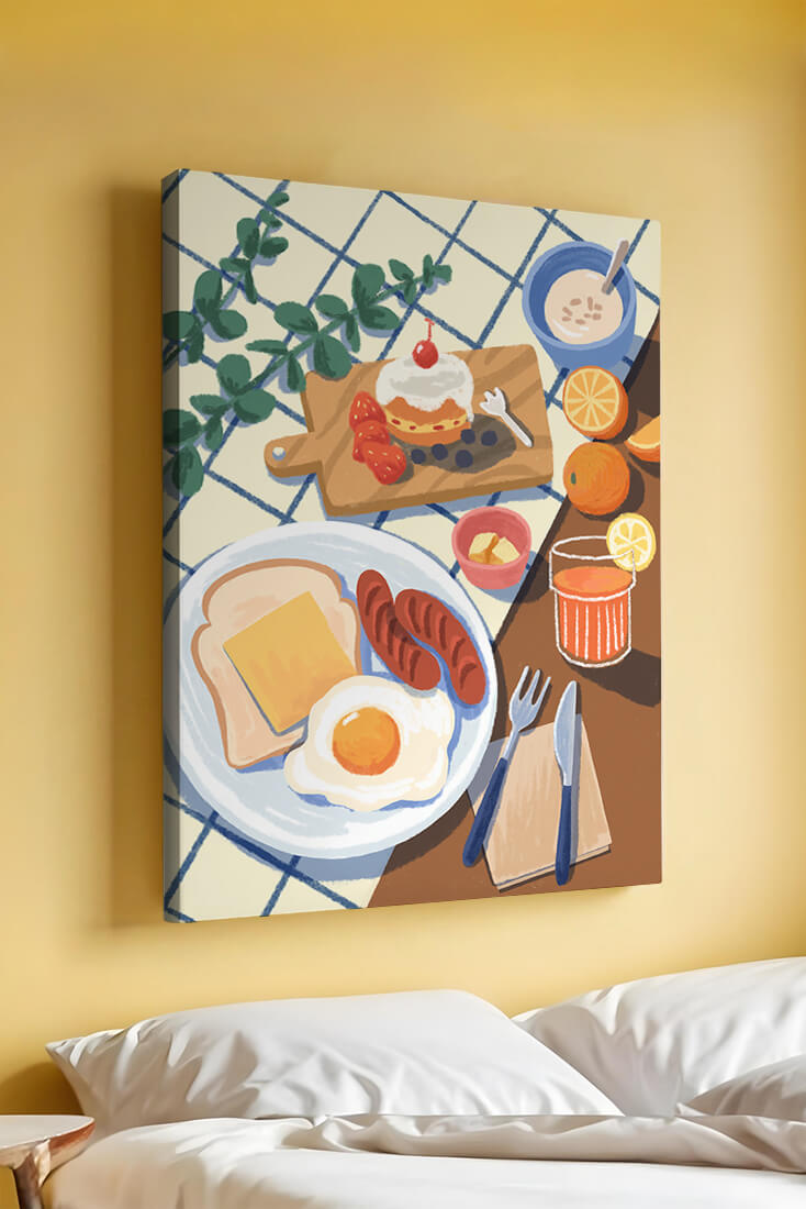 Escena de desayuno colorida con comida y bebida