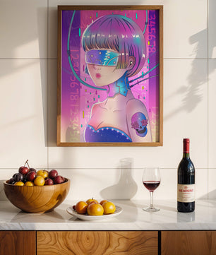 Chica cyberpunk futurista con colores neón y elementos de realidad virtual