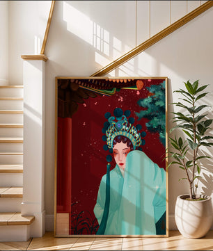 Traditional Asian art with elegant woman in traditional attire