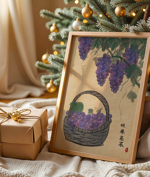 Basket Of Grapes With Vine Leaves In Traditional Style