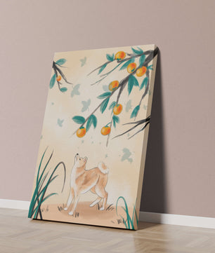 Illustration of a dog gazing at fruit-laden tree branches in nature
