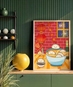 Festive Dumpling Illustration with Lanterns and Fireworks - Mi tienda