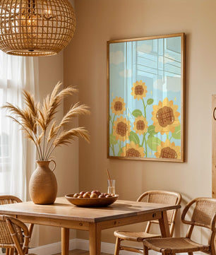 Sunflowers Under Blue Sky with Floating Clouds