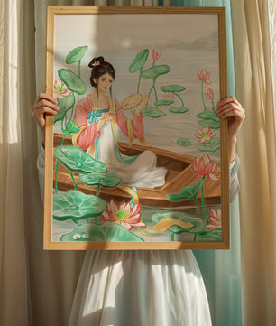 Femme élégante en tenue traditionnelle assise dans une barque parmi des fleurs de lotus