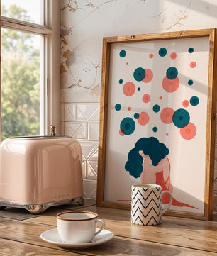 Abstract Illustration of a Woman with Curly Blue Hair Surrounded by Colorful Circles - Mi tienda