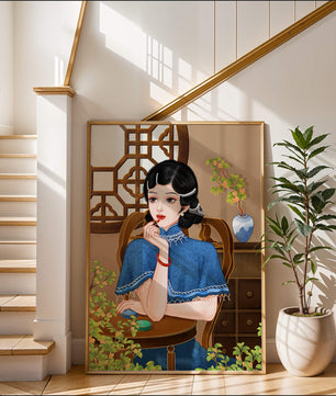 Elegant Woman in Traditional Chinese Setting with Blue Cape and Intricate Decor