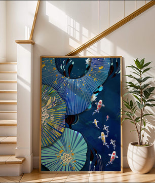 Scène sous-marine vibrante avec des carpes koï et un motif floral abstrait