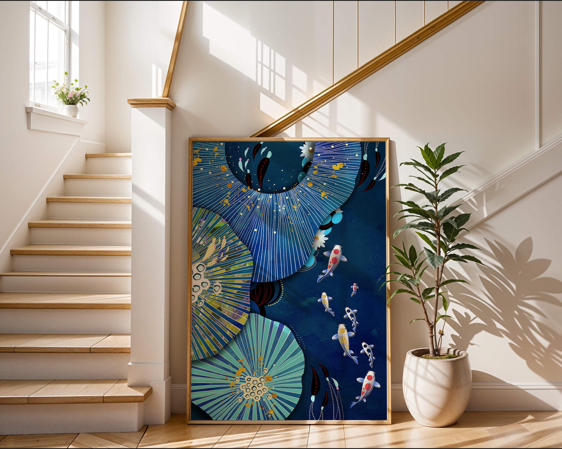 Vibrant underwater scene with koi fish and abstract floral design