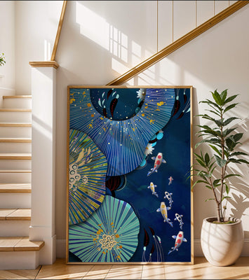 Vibrant underwater scene with koi fish and abstract floral design