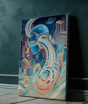 Futuristische Illustration mit VR-Thema und technologischen Elementen