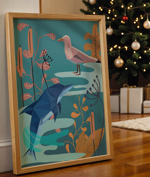 Geometric Dolphin and Seagull with Floral Elements in Abstract Nature
