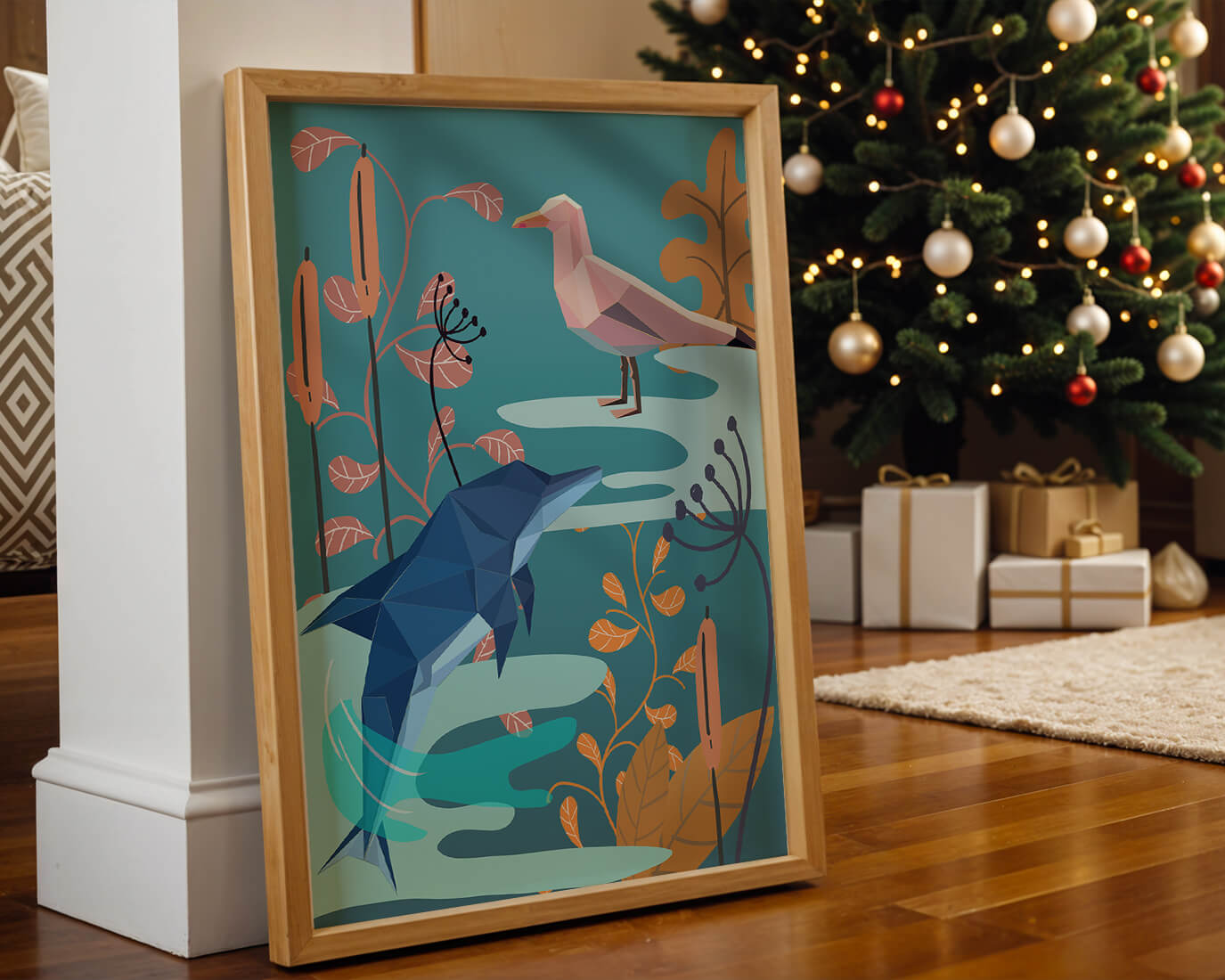 Geometric Dolphin and Seagull with Floral Elements in Abstract Nature