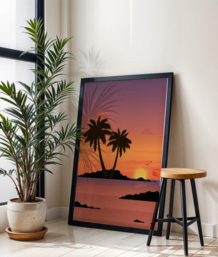 Sunset Over Tropical Island with Palm Trees and Birds - Mi tienda