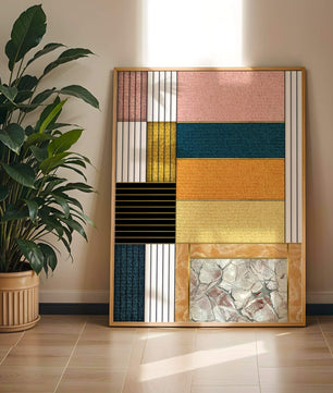 Geometric Abstract Art with Textured Blocks and Gold Accents - Mi tienda