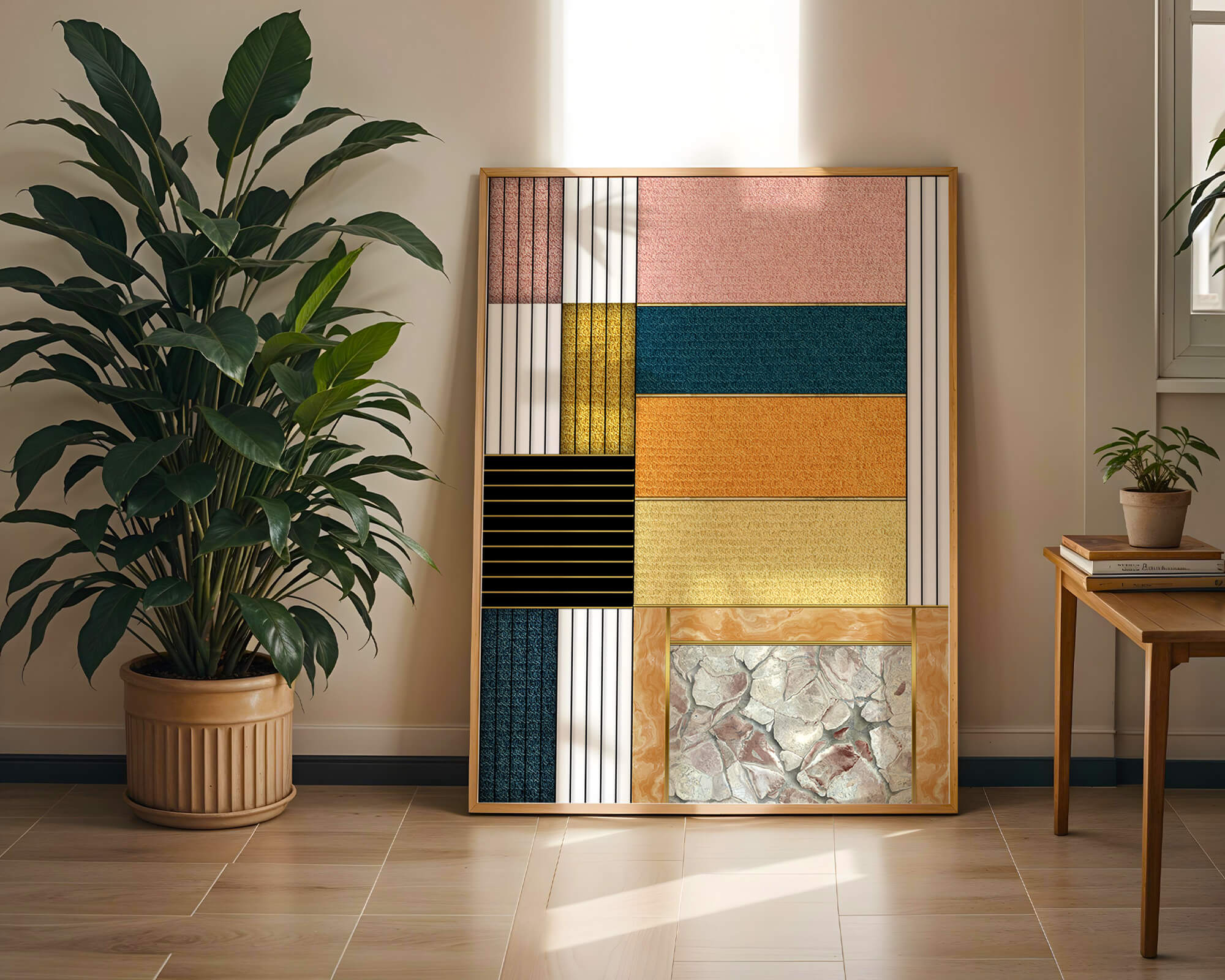 Geometric Abstract Art with Textured Blocks and Gold Accents - Mi tienda