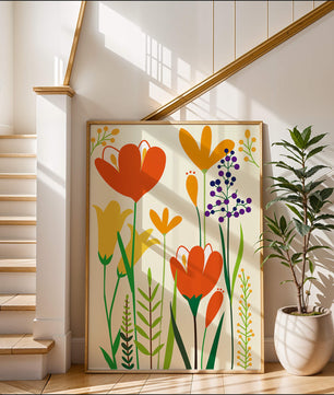Bright Floral Illustration with Orange, Yellow, and Purple Flowers in Bold Colors