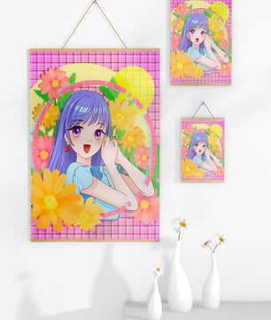 Anime-Mädchen mit leuchtenden Blumen und lila Haaren auf buntem Hintergrund
