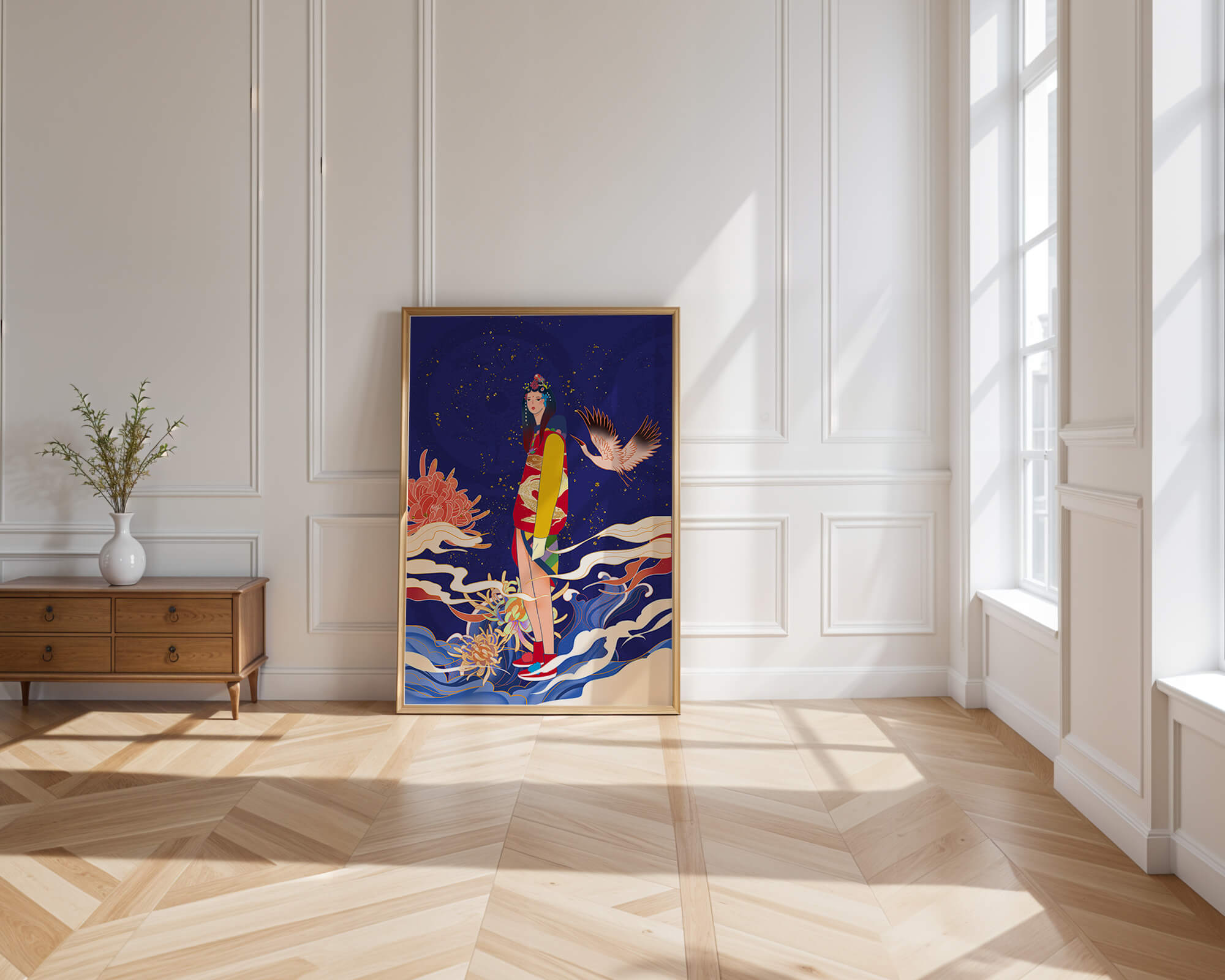 Elegant fusion of traditional and modern art with floral and avian elements