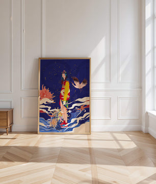 Fusion élégante d’art traditionnel et moderne avec des éléments floraux et aviaires