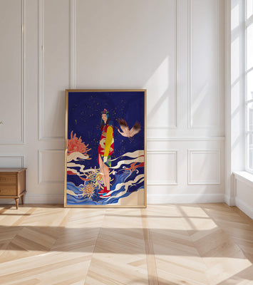 Elegant fusion of traditional and modern art with floral and avian elements