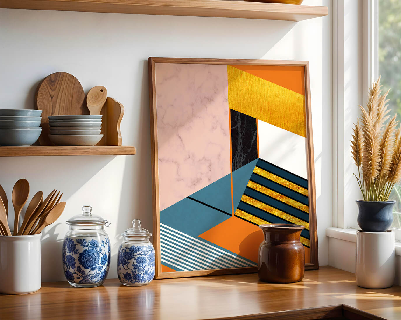 Abstract geometric design with marble and gold textures
