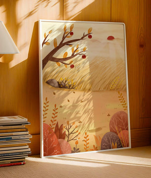Autumn landscape illustration with apple tree and sunrise in a serene field