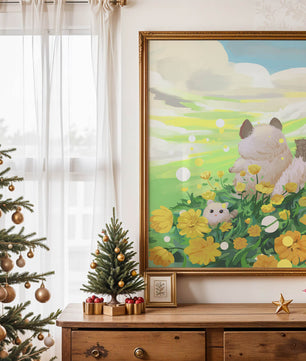 Whimsical Scene of Fluffy Cat and Kitten Among Yellow Flowers