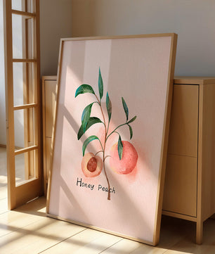 Watercolor Illustration of Honey Peach with Leaves on Light Background - Mi tienda