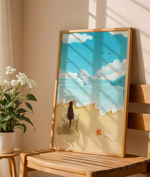 Meeresblick mit Wal und Elemente am Strand