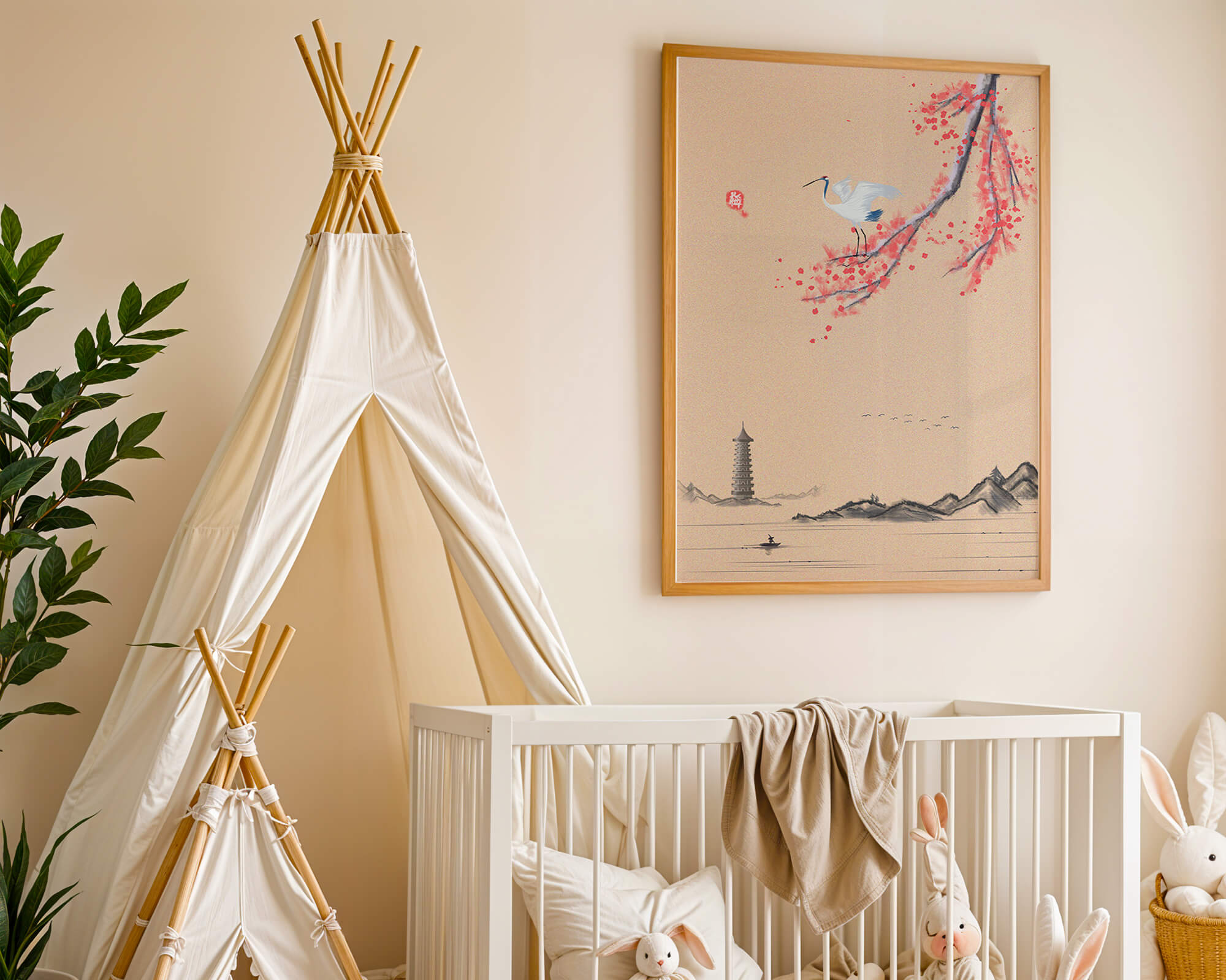 Serene landscape with crane and cherry blossom branch in East Asian style