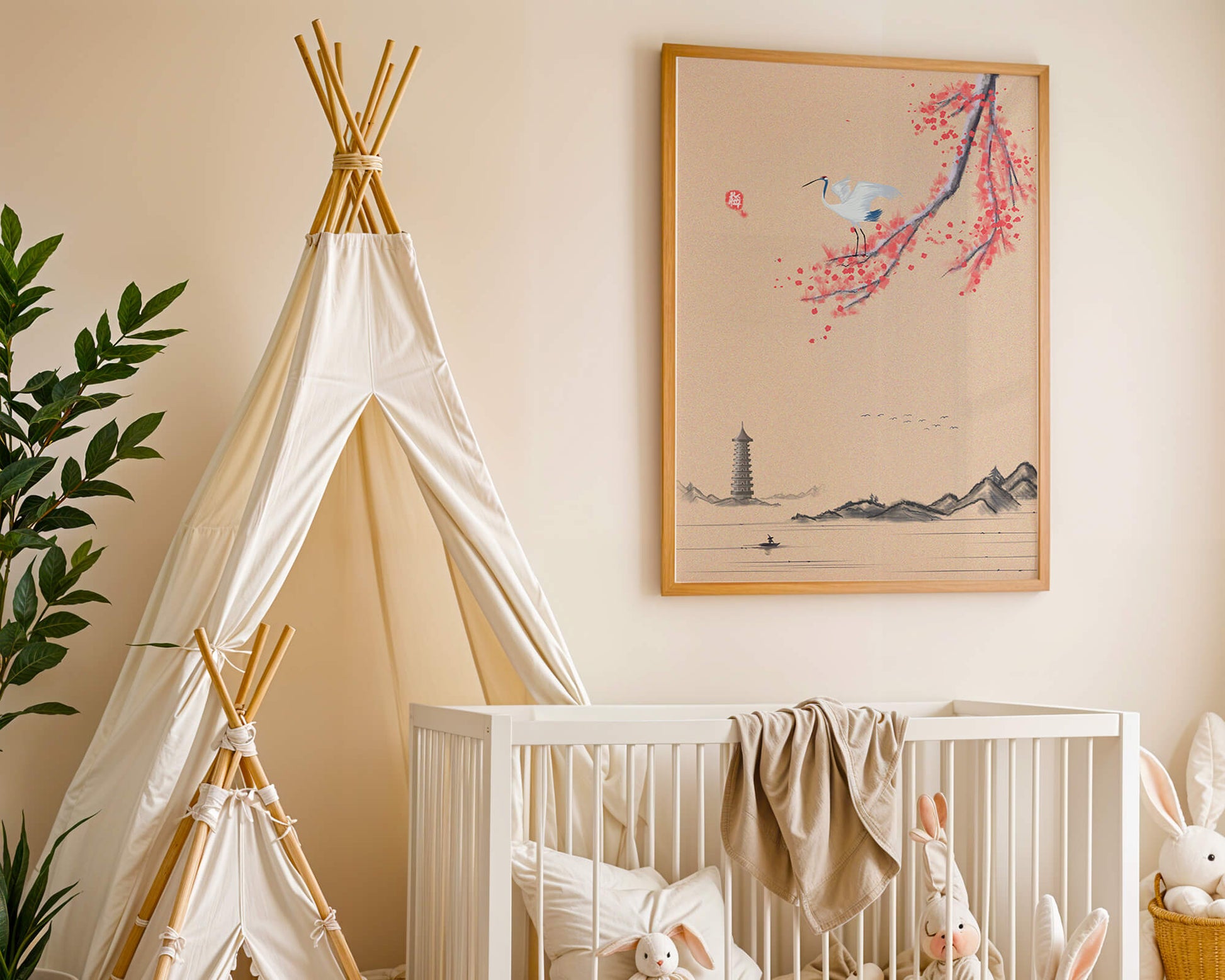 Serene landscape with crane and cherry blossom branch in East Asian style