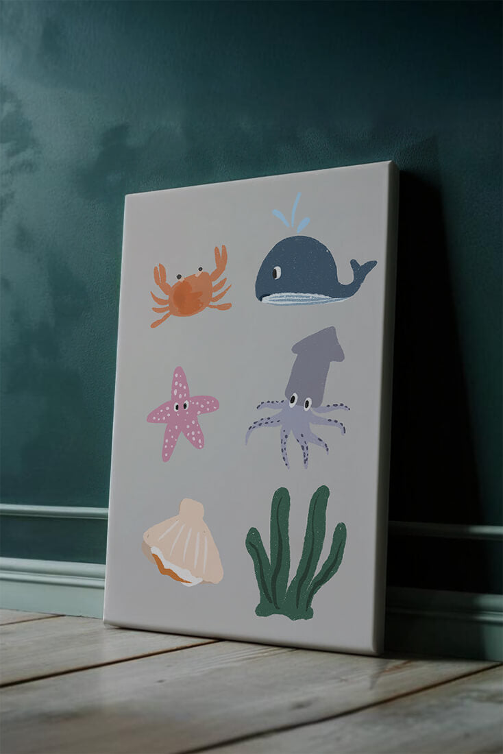 Illustration of whimsical sea creatures and marine elements on a grey background