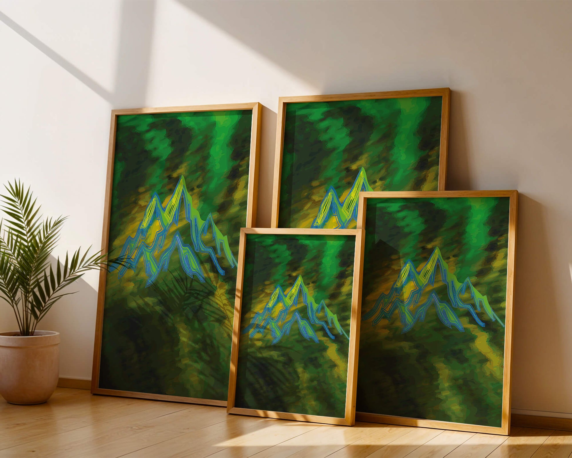 Abstract mountain landscape with vibrant colors and geometric lines