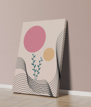 Composition florale abstraite avec des cercles roses et orange sur fond minimaliste
