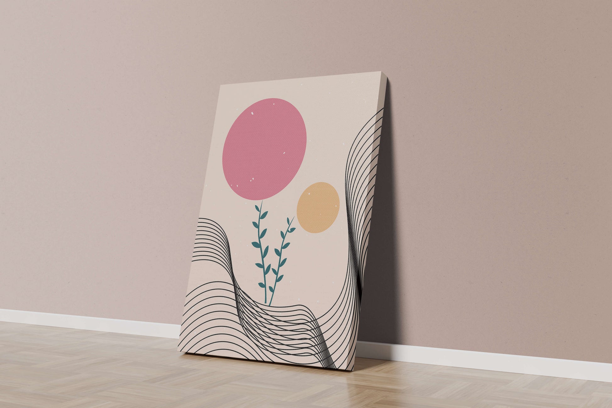 Composition florale abstraite avec des cercles roses et orange sur fond minimaliste
